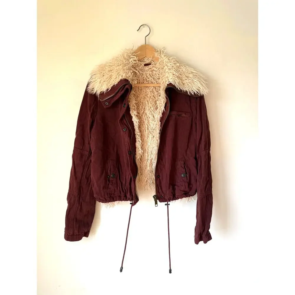 Free People Women's Shearling Shag Style Linen Bomber Jacket Size XS Maroon